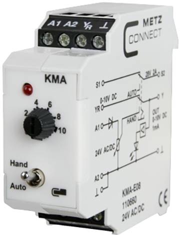 'Een wit elektronisch module van METZ CONNECT met draaiknop, schakelaar voor hand-/automatische modus en aansluitklemmen.'