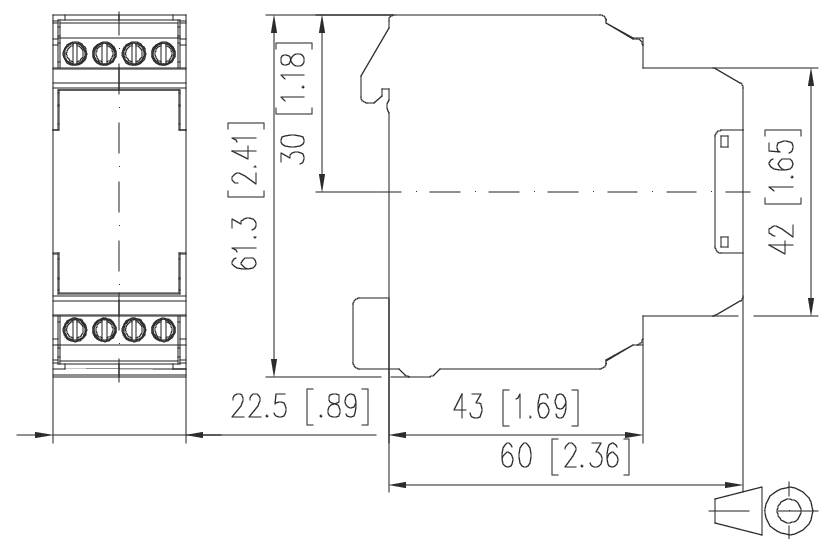 Technische dimensionetekening van een elektrische component, met voor- en zijkanten met afmetingen in millimeters en inches.