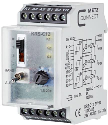 Een KRS-C12 tijdschakelrelais van METZ CONNECT met schakelaar en aansluitklemmen. Het toont hand-/automatische instellingen en schakeltijden.