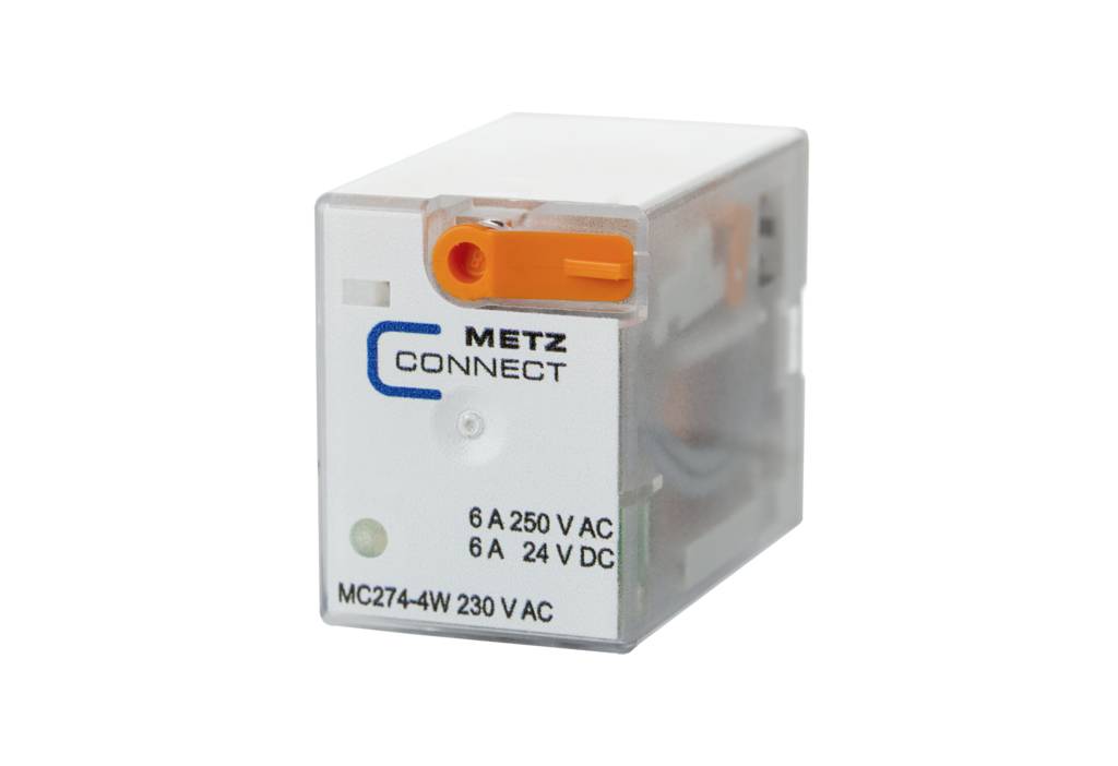 Witte kunststof relaisblok van METZ CONNECT met oranje zijschakelaar. Ingangsspecificaties: 6 A, 250 V AC en 24 V DC.