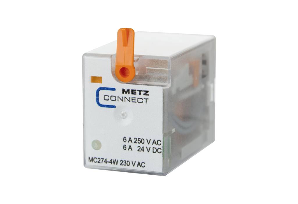 Een wit elektrisch relais met opschrift 'METZ CONNECT'. Aan de zijkant steekt een kleine oranje hendel uit. Bedrijfswaarden: 6 A, 250 V AC / 24 V DC.