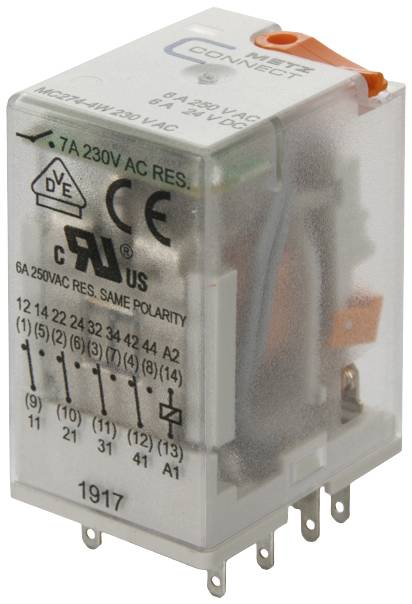 Relais component met transparente behuizing, toont technische specificaties voor 230V AC, 7A: DVE-symbool, aansluitingen en testknop.
