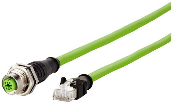 Metz Connect 142M4D25100 M12 Netwerkkabel, patchkabel CAT 5e S/UTP 10.00 m Groen PUR-mantel, Zuurbestendig, Ozonbestendig, UV-bestendig, Geschikt voor sleepketting, Halogeenvrij, Oliebestendig, Microbebestendig 1 stuk(s)