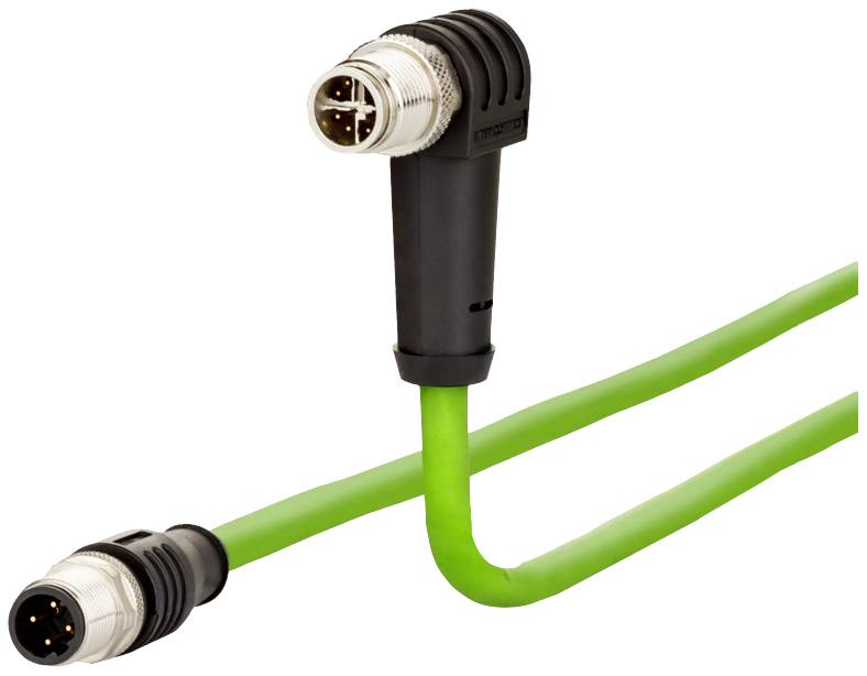 Groen kabel met twee stekkers, waarvan één met haakse aansluiting. Geschikt voor industriële toepassingen.