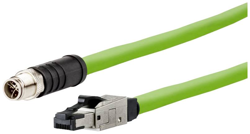 Groen Ethernet-kabel met industriële stekkerverbindingen aan beide uiteinden, rechts metalen stekker, links ronde stekker.
