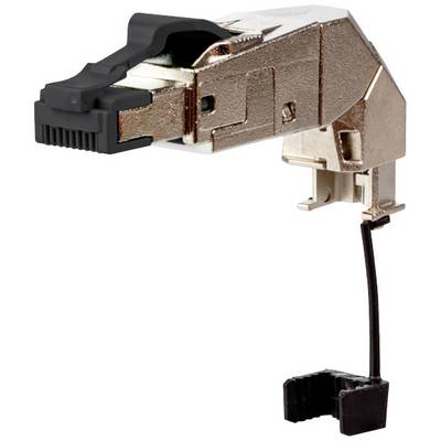 RJ45-stekker met afgeschermd metalen behuizing en geïntegreerde trekontlasting, inclusief beschermkap voor veilige datatransmissie.