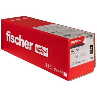Rode Fischer doos met fischer FAZ II Plus ankers, gelabeld 'FAZ II Plus 12/160 R' en '20x' op het eindpaneel.