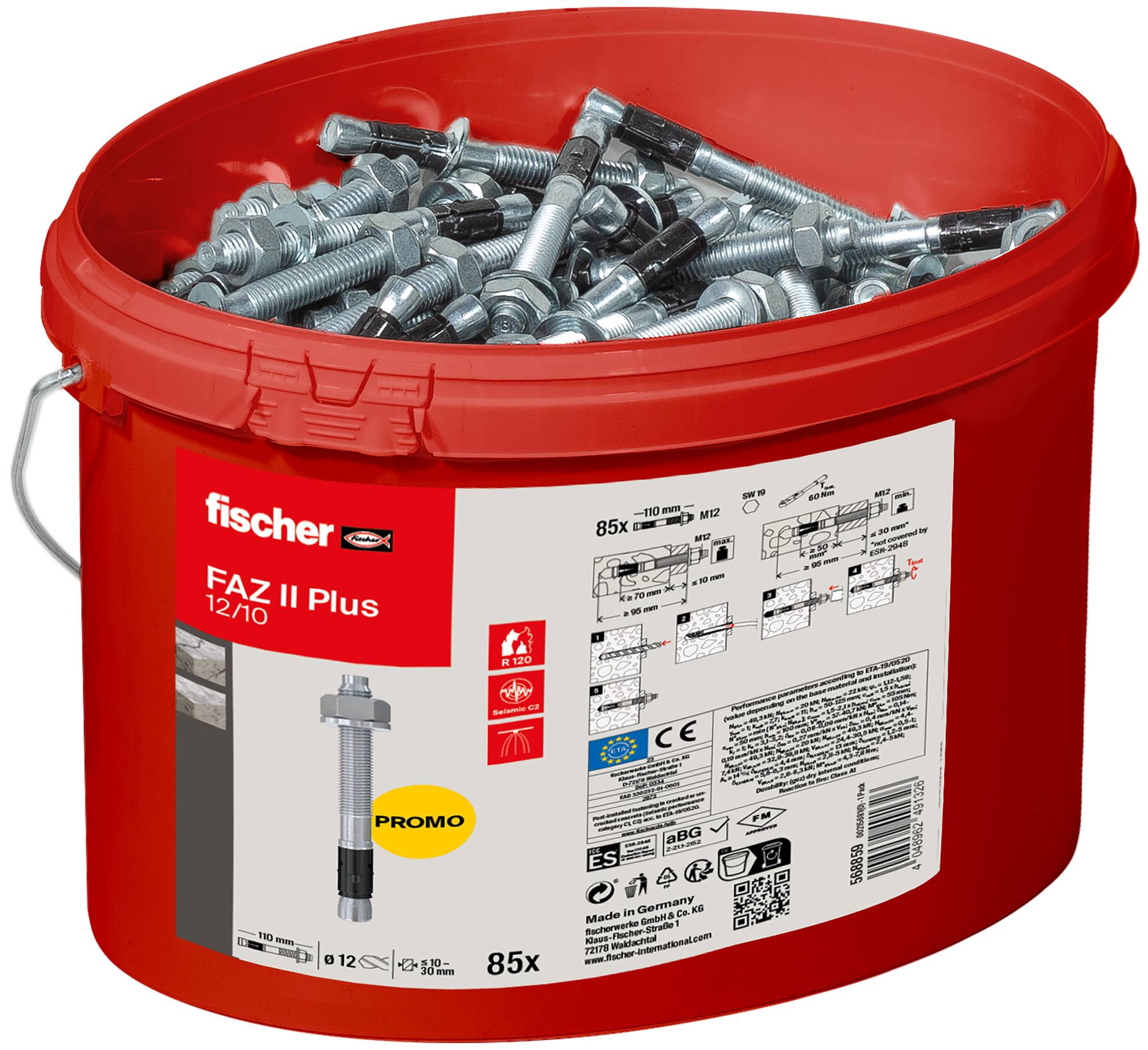 Een rode emmer geëtiketteerd met 'fischer FAZ II Plus 12/10' bevat meerdere metalen bouten. Het etiket vermeldt specificaties en productgebruik.
