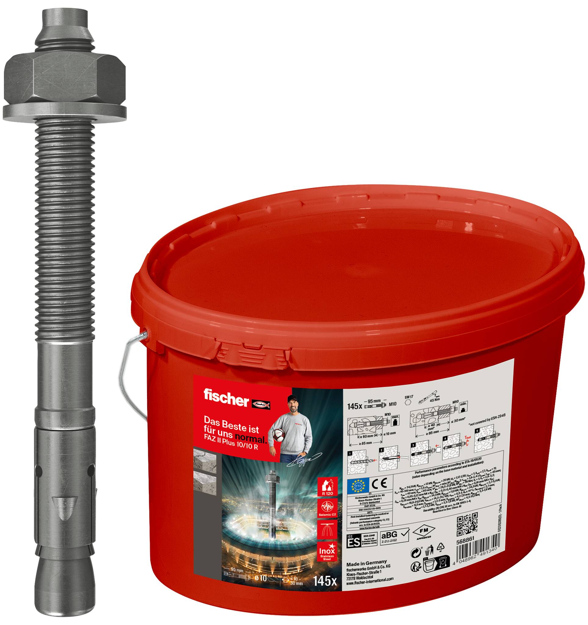 Rode ankerbouten naast een rode kunststof emmer met Fischer-bevestigingsankers en productlabel.
