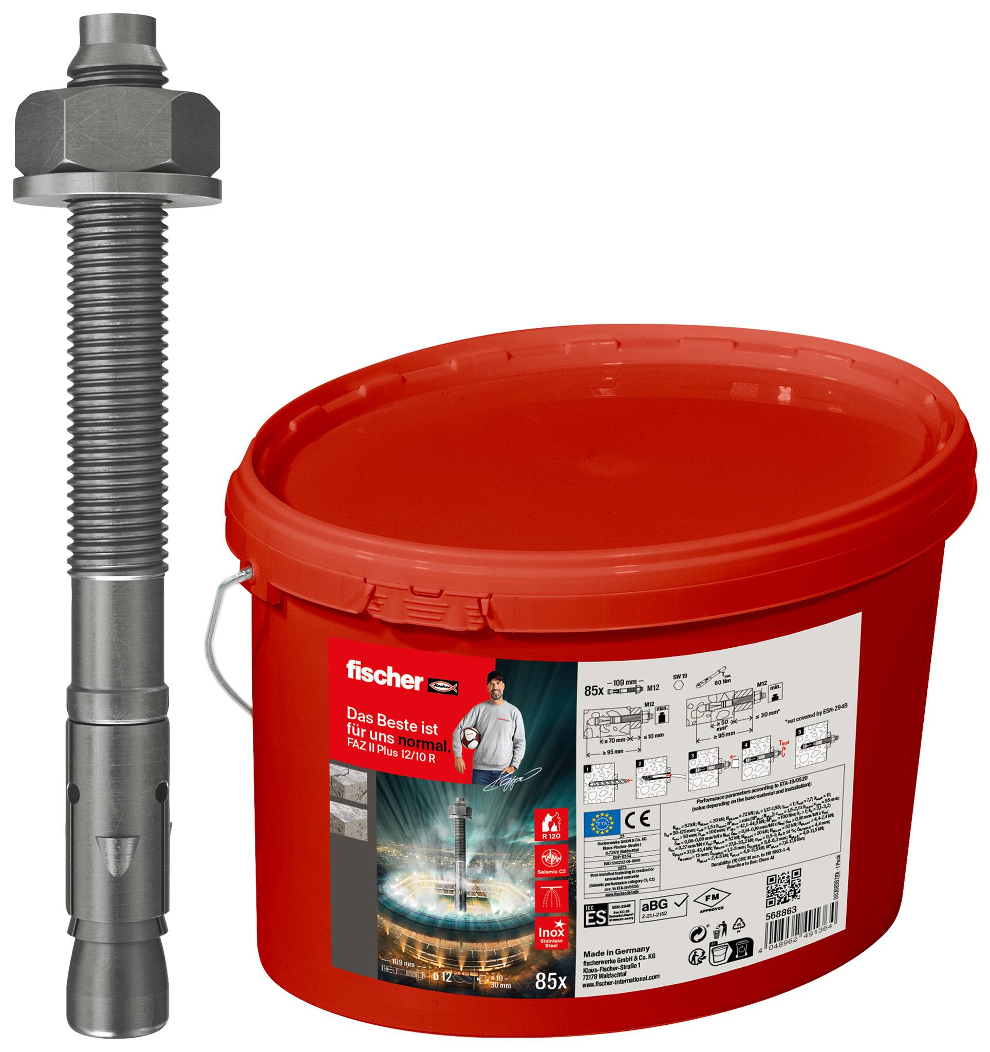 Rode emmer met bevestigingsmiddelen naast een metalen ankerboute, met een ankerinstallatiekit en productlabel op de emmer.