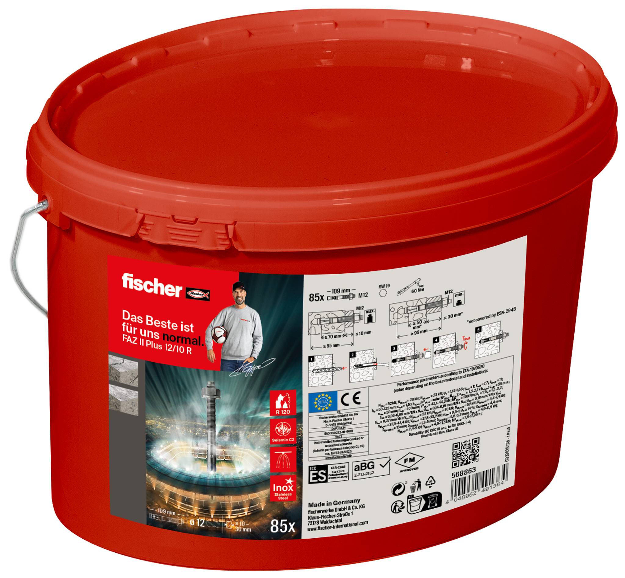 Rode kunststof emmer van het merk Fischer met opdruk. De emmer bevat 85x FAZ II Plus 12/10 R pluggensets. Sticker toont installatiehandleiding, certificaten en veiligheidsinstructies.