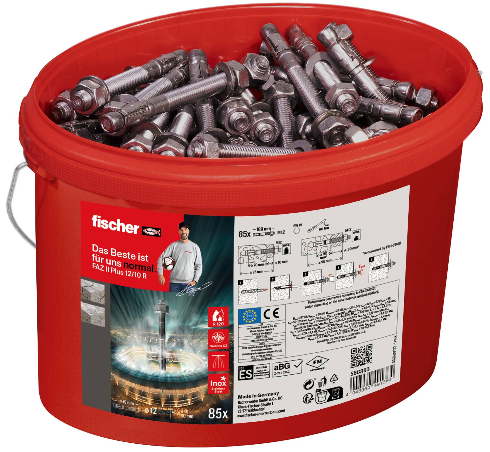 Een rode emmer met 85 metalen ankers van Fischer, model FAZ II Plus 12/10 R. Etiket toont technische details en gebruiksaanwijzingen.