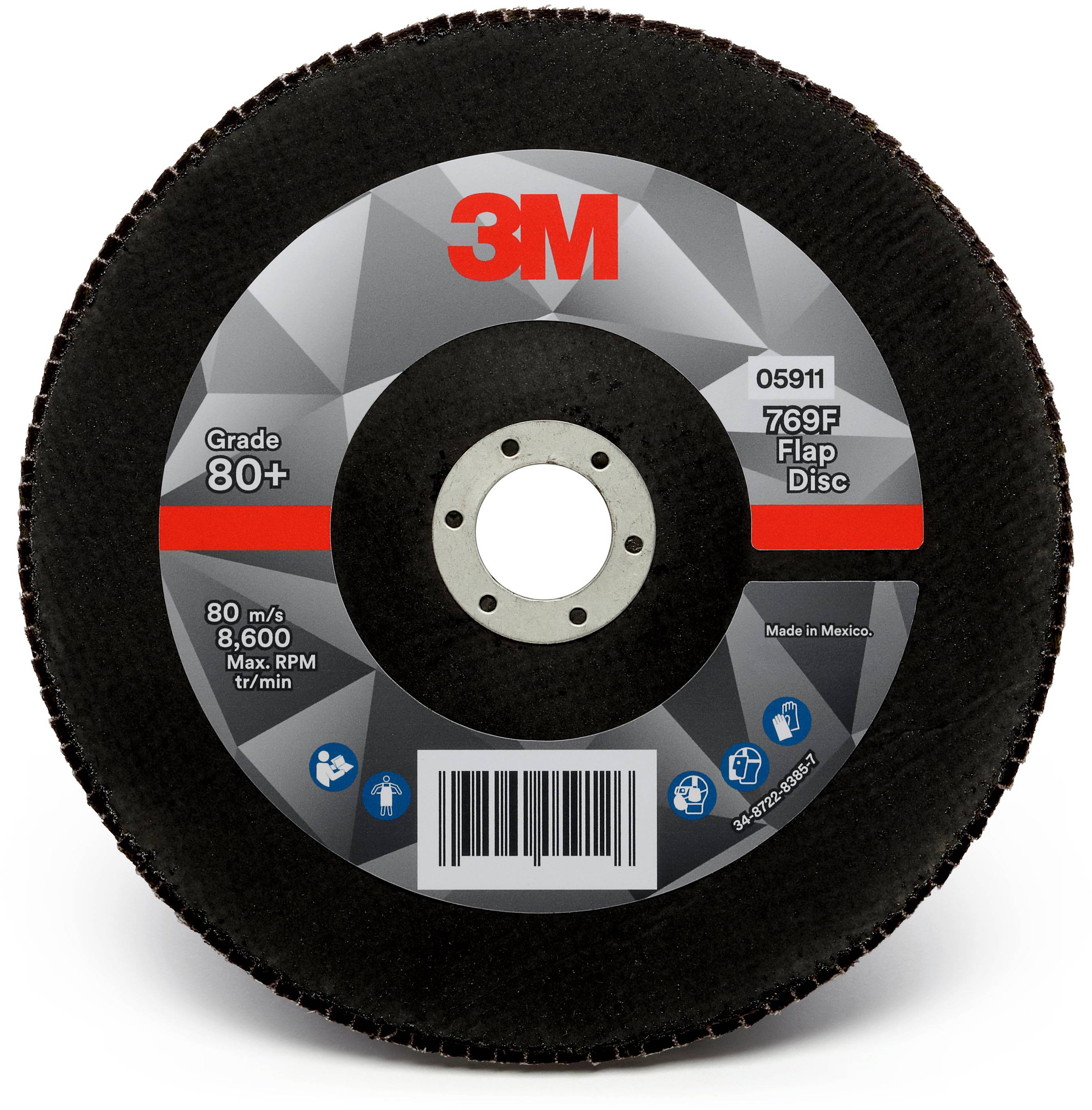 Slijpschijf met rood '3M'-logo. Opdruk: 'Grade 80+', 'Lamellenschijf', 'Made in Mexico', snelheid 80 m/s, 8600 omw/min.