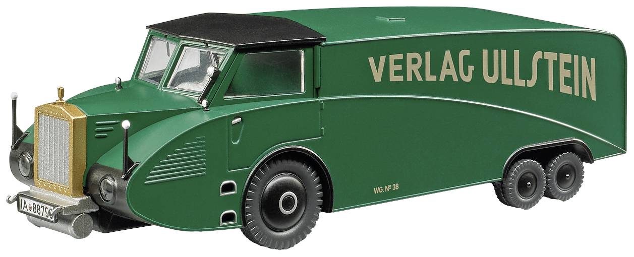 Groene, gestroomlijnde vrachtwagen met het opschrift 'Verlag Ullstein' aan de zijkant, in de designstijl van de jaren dertig.