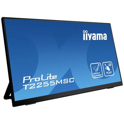 Een monitor met het opschrift 'iiyama ProLite T2255MSC'. Belicht functionele kenmerken zoals 'MPP2.0 SUPPORT' en '10 PCAP'.