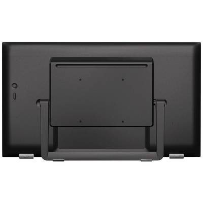 Achterkant van een zwarte monitor met een stabiele voet.