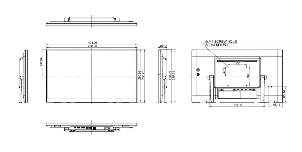 Technische tekening van een monitor met afmetingen en montage-instructies. Vooraanzicht, zijaanzicht en achteraanzicht van het apparaat worden weergegeven.