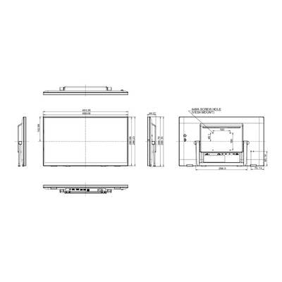 Technische tekening van een monitor met afmetingen en montage-instructies. Vooraanzicht, zijaanzicht en achteraanzicht van het apparaat worden weergegeven.