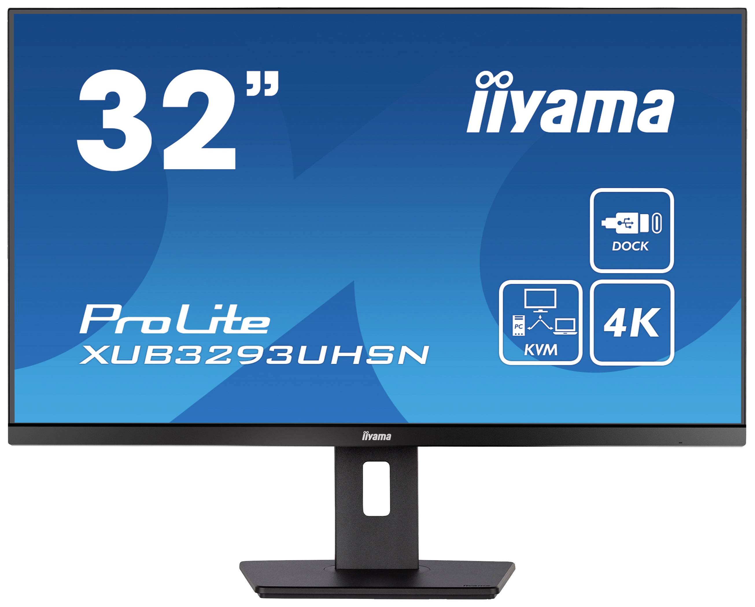 Een 32-inch-monitor van iiyama, model ProLite XUB3293UHSN, toont symbolen voor Dock, KVM en 4K-resolutie.