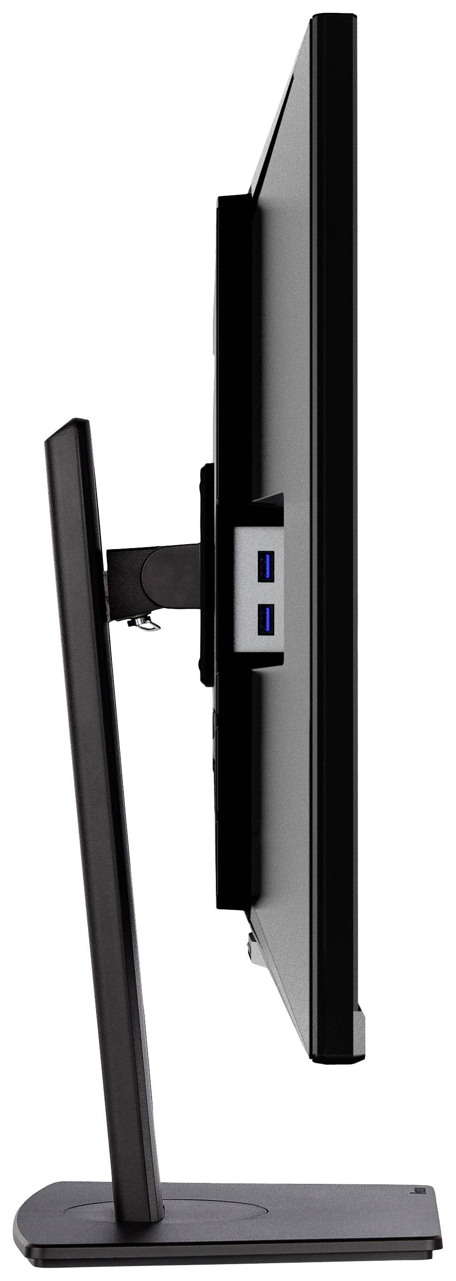 Zijaanzicht van een platte computermonitor met zwarte rand. De monitor is gemonteerd op een standaard. Twee USB-poorten zijn zichtbaar.