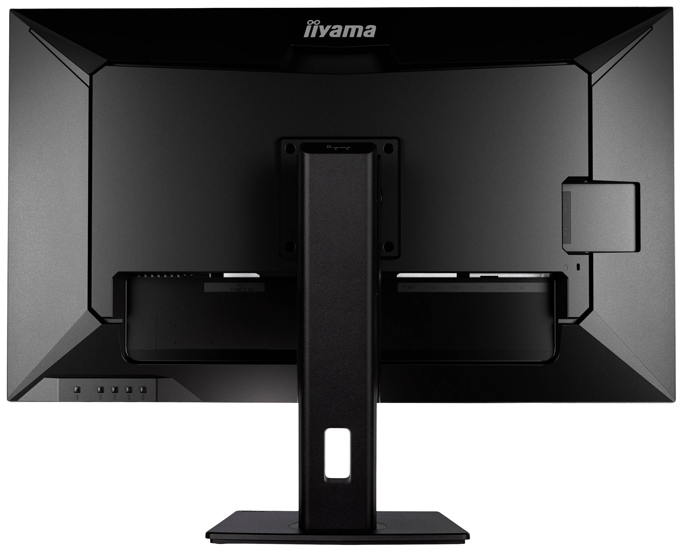 Een zwarte computermonitor van achteren, gemonteerd op een standaard. Bovenaan staat 'Iiyama'. De monitor heeft heldere, hoekige vormen.