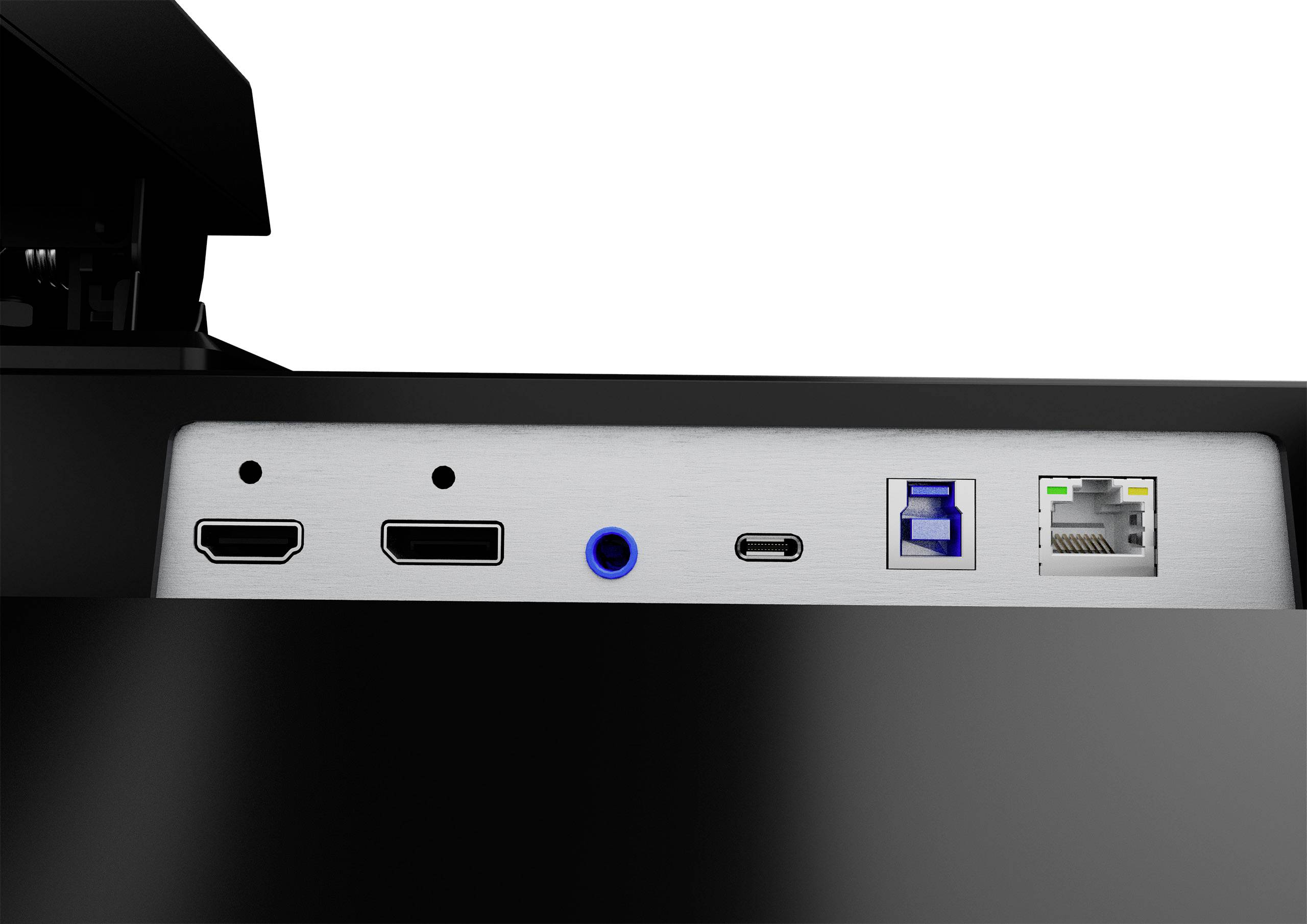 De achterkant van een monitor toont aansluitingen: twee HDMI-poorten, een audio-uitgang, een USB-C-poort, een USB-poort en een Ethernet-poort.