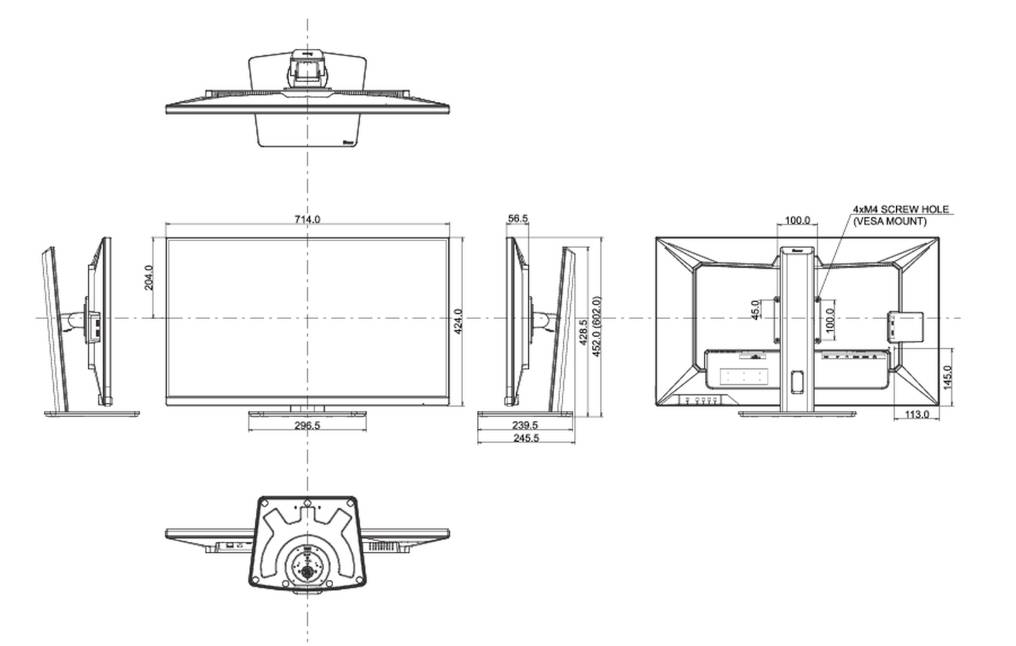Technische tekening van een monitor met voor-, zij- en achteraanzicht, toont afmetingen en VESA-montage.
