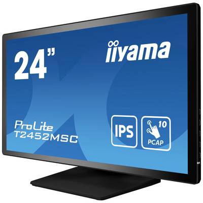 Een zwart computerscherm met de tekst '24" ProLite T2452MSC' en symbolen voor IPS en capacitief touchscreen op een blauwe achtergrond.