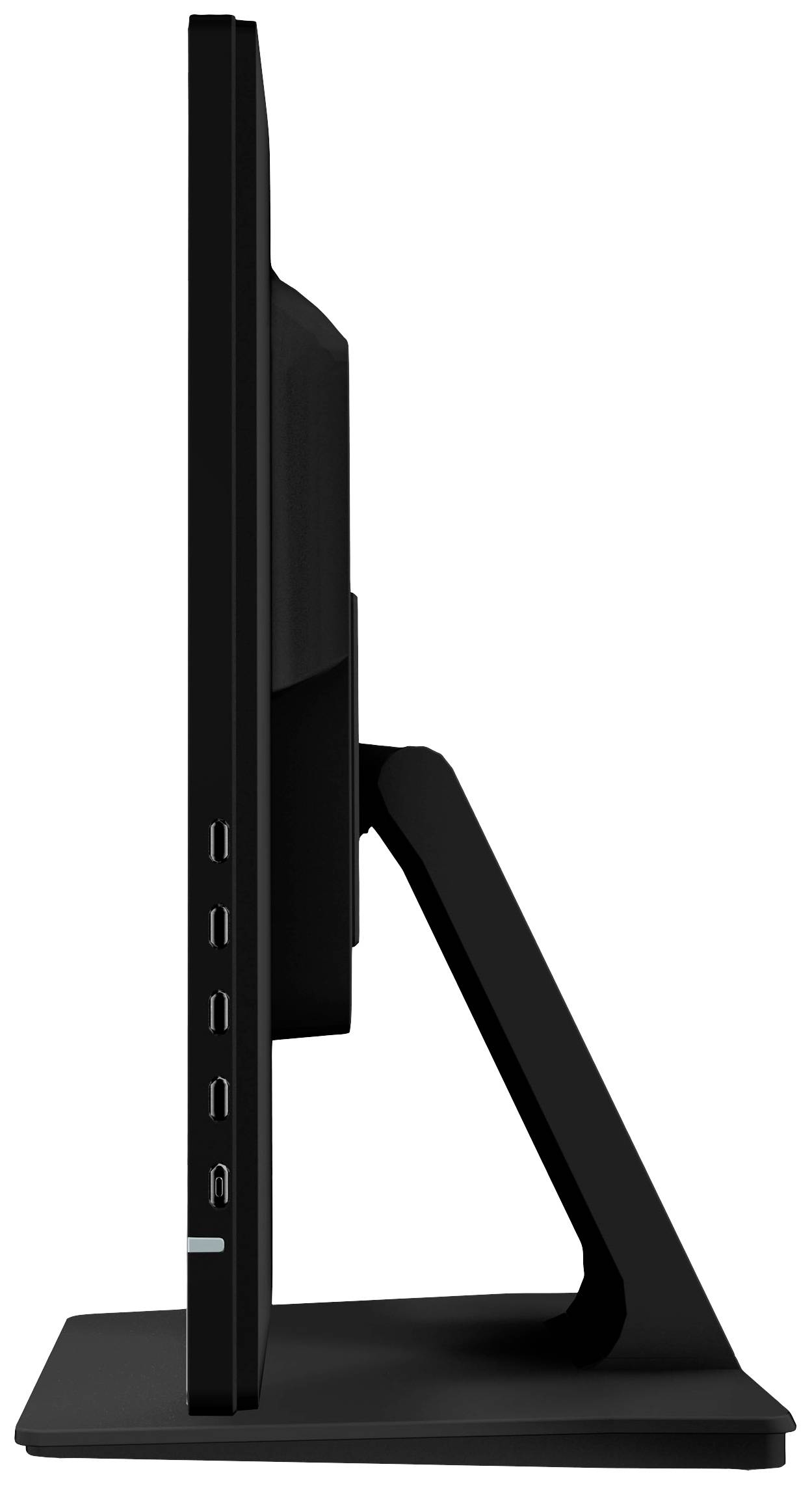 Een zwarte, slanke computermonitor in zijaanzicht met meerdere USB-poorten aan de zijkant van het frame.