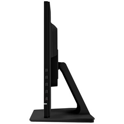 Een zwarte, slanke computermonitor in zijaanzicht met meerdere USB-poorten aan de zijkant van het frame.