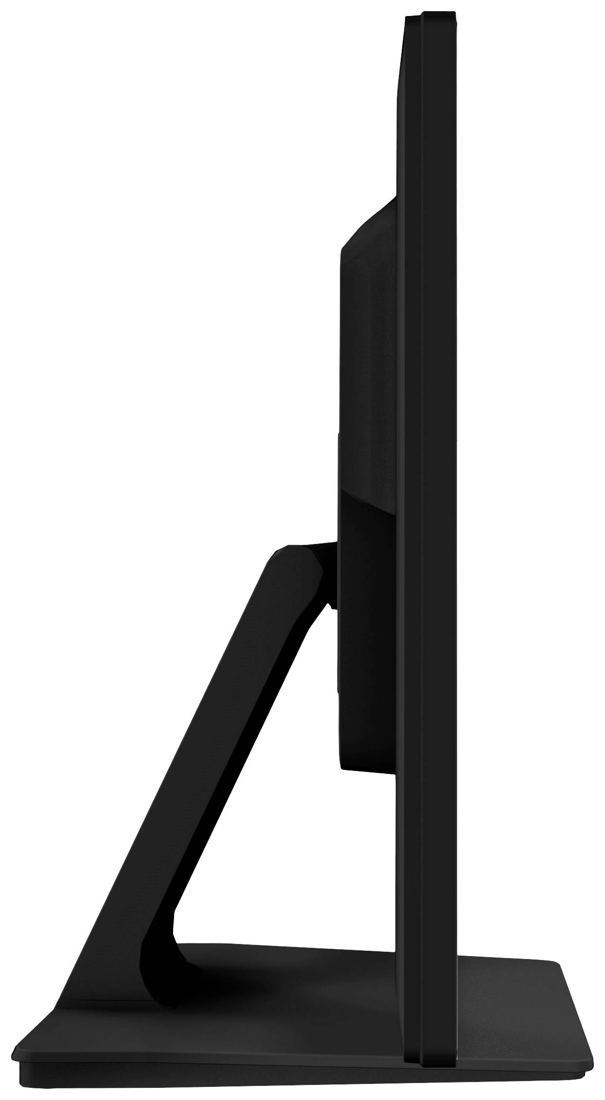 Zijaanzicht van een slanke, zwarte computermonitor op een rechthoekige standaard, toont minimalistische vormgeving.