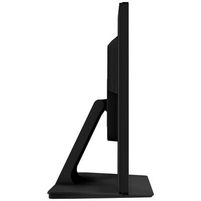 Zijaanzicht van een slanke, zwarte computermonitor op een rechthoekige standaard, toont minimalistische vormgeving.