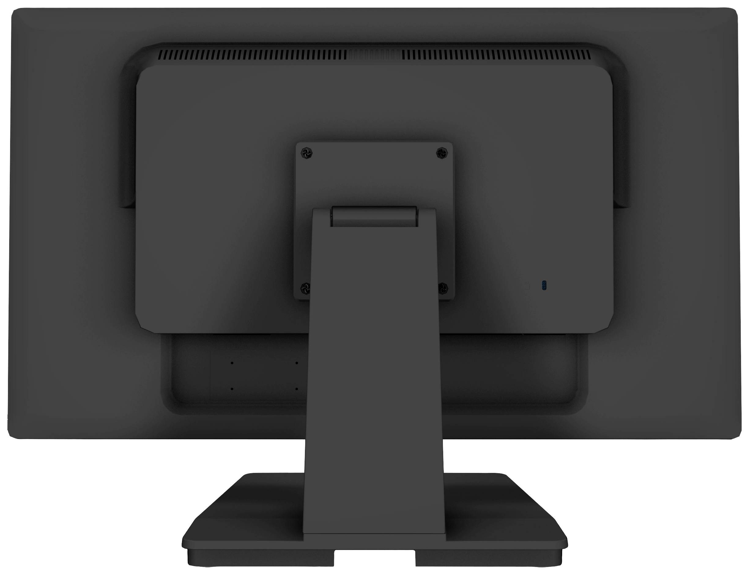 'Monitor achterkant met zwarte standaard, toont ventilatiesleuven en aansluitkappen, geschikt voor kantoorgebruik.'