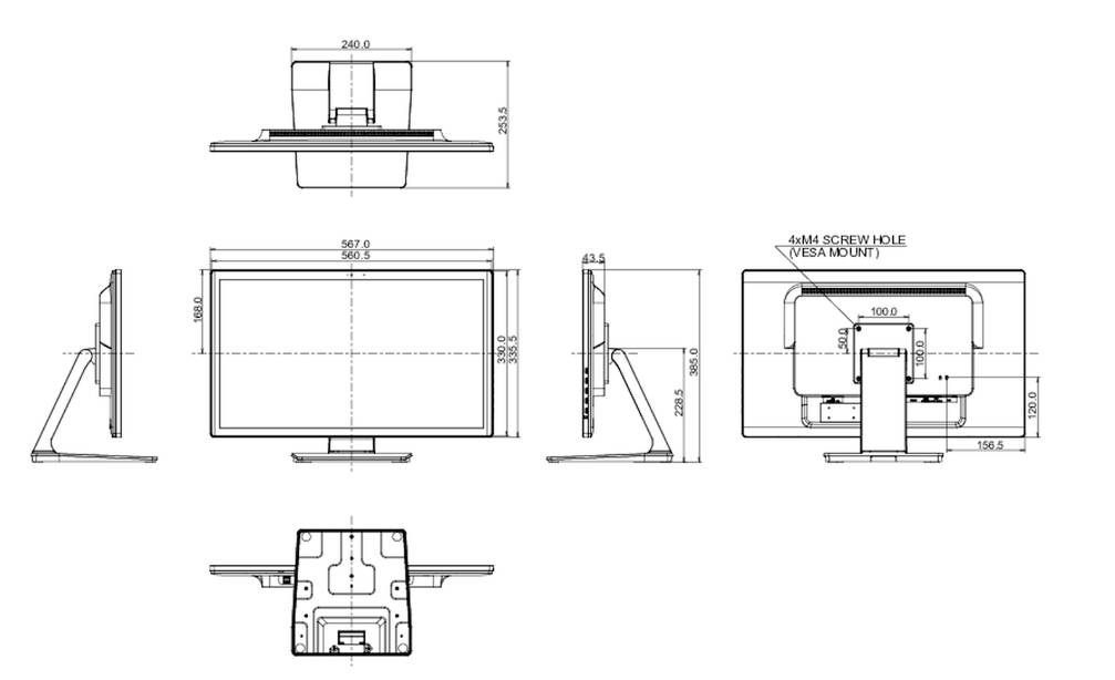 Technische tekening van een computermonitor met vooraanzicht, achteraanzicht, zijaanzicht en bovenaanzicht. Afmetingen en bevestigingspunten zijn aangegeven.