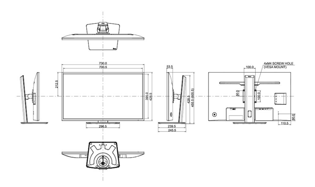 Technische tekening van een monitor met afmetingen in millimeters. Vooraanzicht, zij-aanzicht en achteraanzicht tonen details en bevestigingspunten.