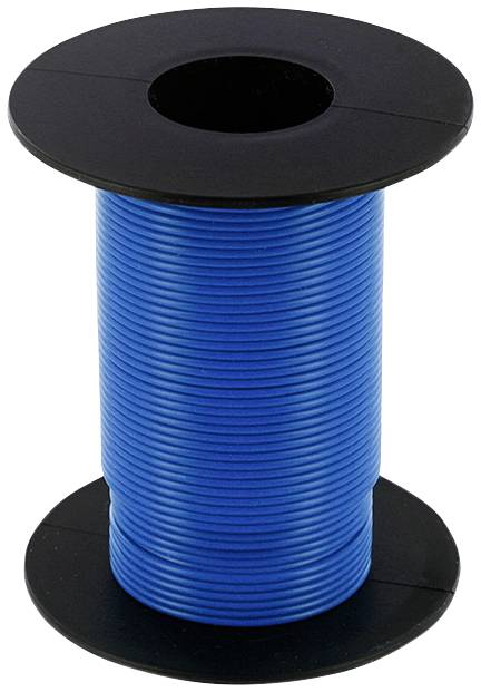 Een spoel met blauwe draad, opgerold op een zwarte kunststofkern.