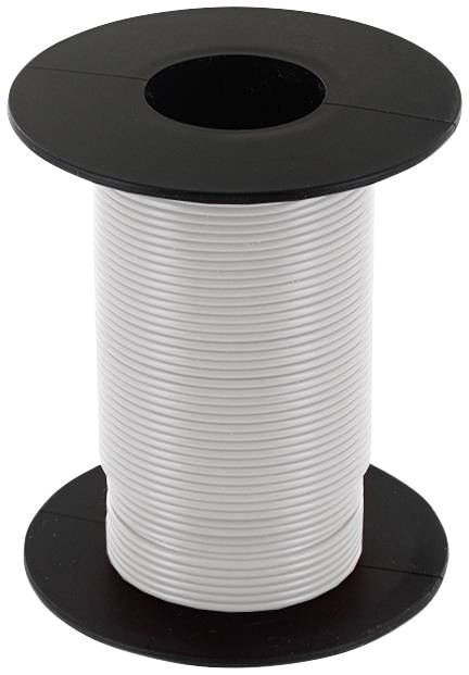 Een zwarte kunststof spoel omwikkeld met witte draad, geïsoleerde elektronicaverbinding of knutselmateriaal.