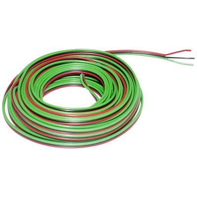 Een opgerolde strook dunne, geïsoleerde elektriciteitskabel in groen en rood. Beide uiteinden van de kabel steken uit aan de rechterkant.