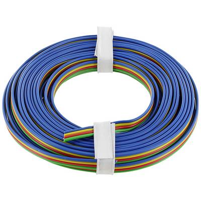 Een rol van meerkleurige elektrische draden met een blauwe buitenmantel, gebundeld en klaar voor bekabelingsdoeleinden.