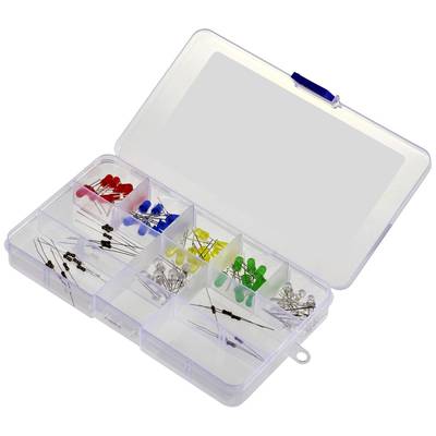 Organizerbox met verschillende elektronische componenten zoals led's en weerstanden in meerdere vakken.