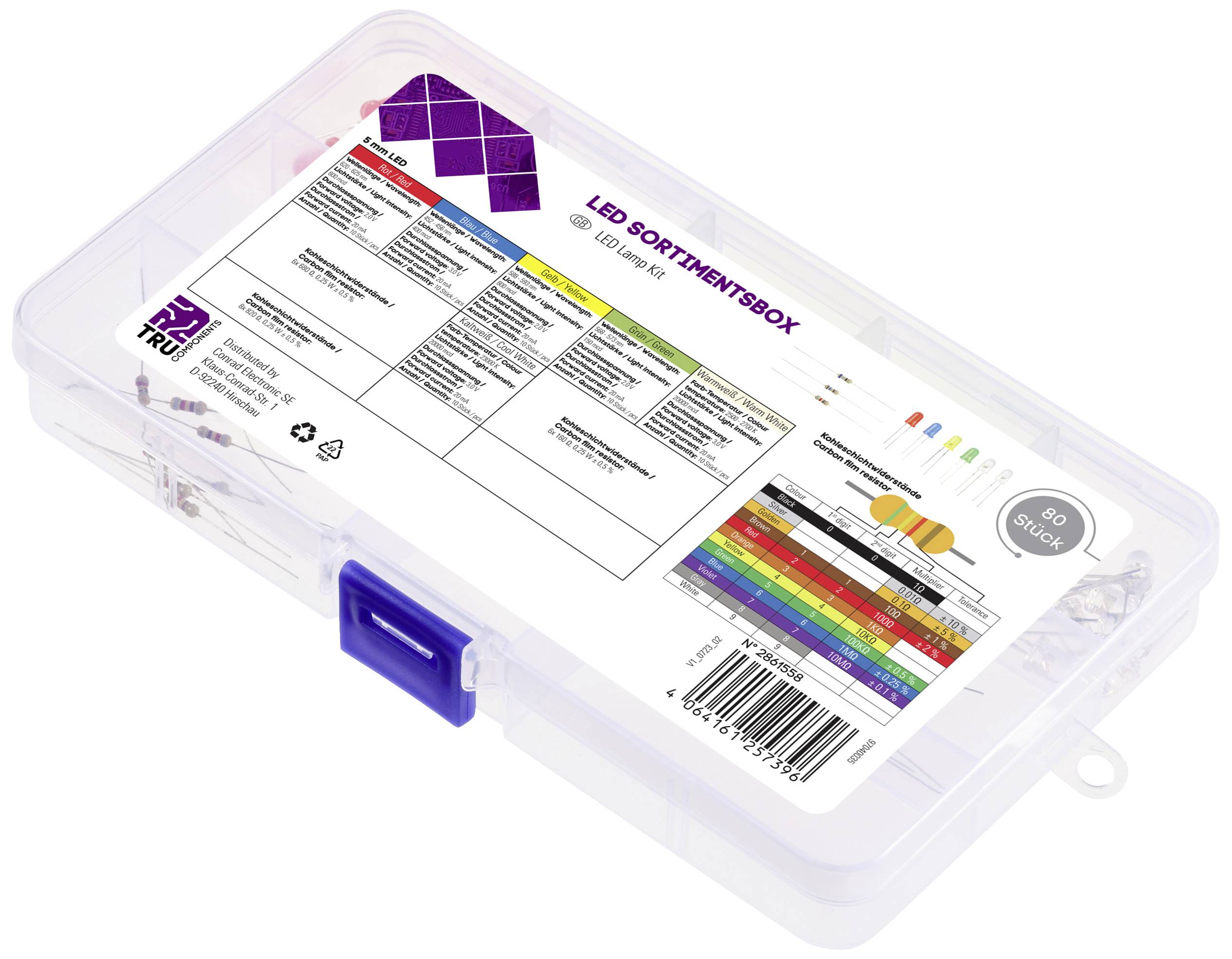 Assortimentsdoos met verschillende LED's, gesorteerd op kleur. Sticker op het deksel toont een lijst van LED-types en kleuraanduidingen.