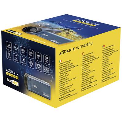 Verpakking van een 4K-onderwatercamera met productdetails en specificaties in meerdere talen. Afbeelding van camera en toebehoren.