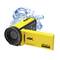 Gele 4K-videocamera 'Aquapix WDV5630', spatwaterbestendig, met uitklapbaar display en waterdruppels op de achtergrond.