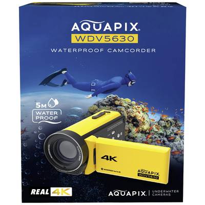 Camcorder-verpakking met gele camera en duiker op de achtergrond. Tekst op de doos: 'AQUAPIX WDV5630', 'WATERDICHTE CAMCORDER'.