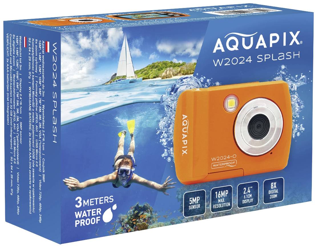 Een oranje onderwatercamera met 16 MP resolutie, 5 MP sensor, 2,4 inch display en 8x digitale zoom. Waterdicht tot 3 meter.
