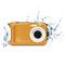 Een oranje waterdichte camera omgeven door waterdruppels. Modelaanduiding: 'AQUAPIX W3027'.