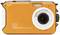Oranje waterdichte digitale camera 'Aquapix W3027' met lens en flitser rechtsboven.