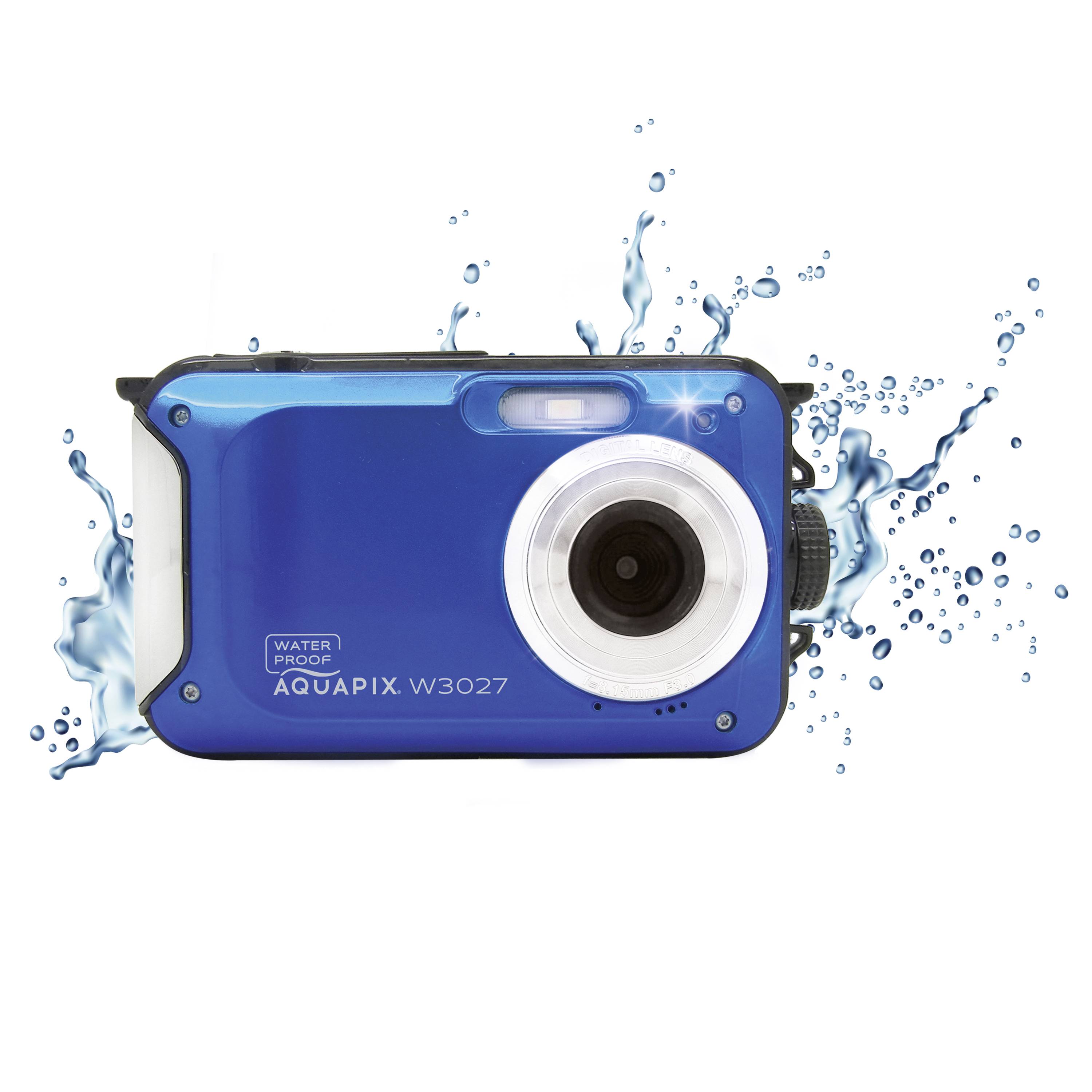 Een blauwe waterdichte camera met het opschrift 'AQUAPIX W3027'; hij is omgeven door waterdruppels.