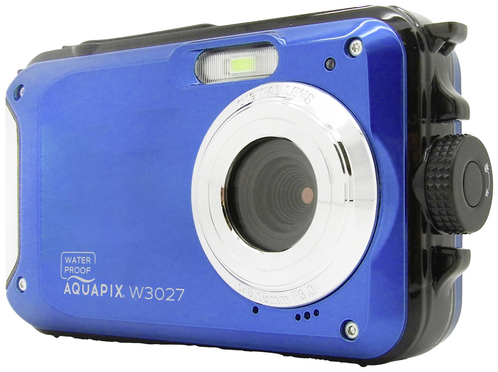 Een blauwe, waterdichte camera met het opschrift 'Aquapix W3027'. Hij heeft een groot objectief en bedieningselementen aan de zijkant.