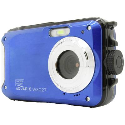 Een blauwe, waterdichte camera met het opschrift 'Aquapix W3027'. Hij heeft een groot objectief en bedieningselementen aan de zijkant.